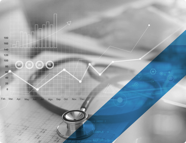 A set of line and bar graphs overlay a stethoscope resting on a table.